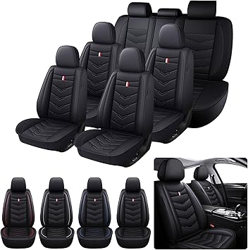 7 Seats Car Seat Covers Custom Fit for Jeep Commander 2006-2010, Waterproof Nappa Leather Non-Slip Full Set Seat Covers, Airbag Compatible, Durable Car Interior Protectors(Standard,Black)